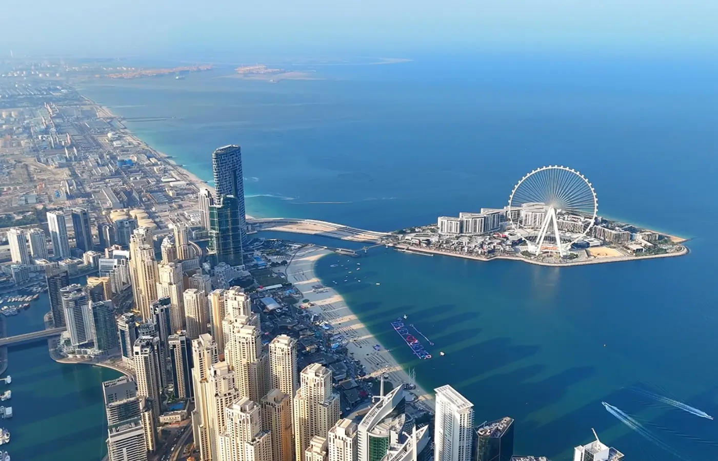 Aerial view of Dubai Marina and Bluewaters Island